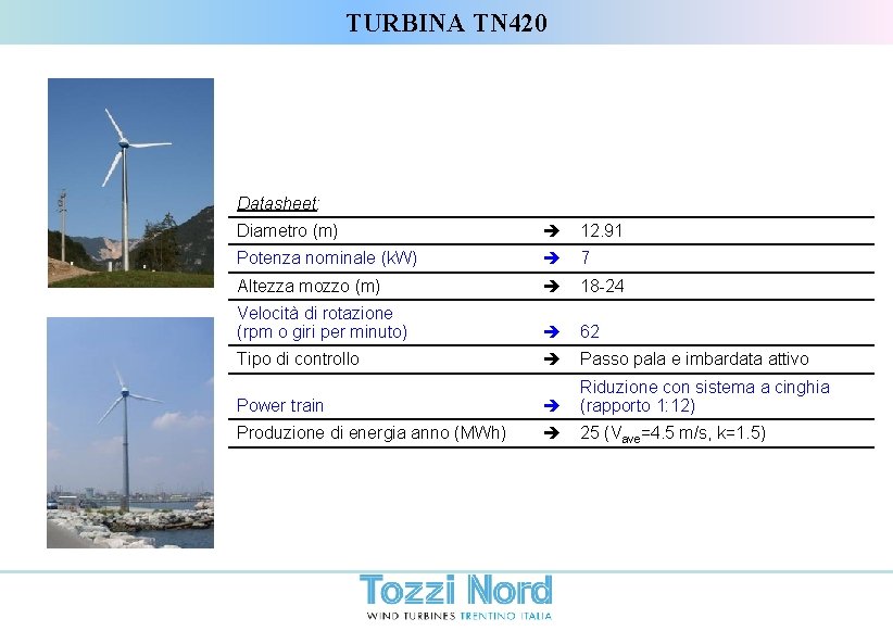 TURBINA TN 420 Datasheet: Diametro (m) 12. 91 Potenza nominale (k. W) 7 Altezza