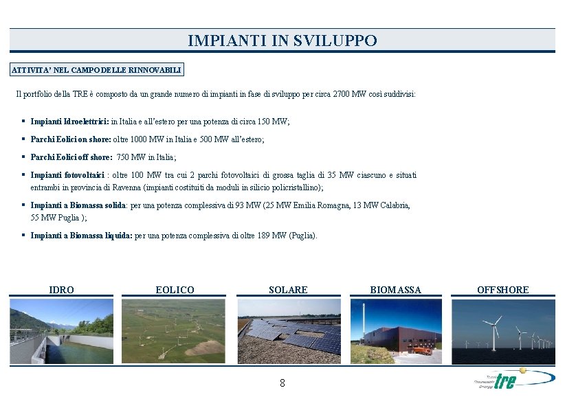 IMPIANTI IN SVILUPPO ATTIVITA’ NEL CAMPO DELLE RINNOVABILI Il portfolio della TRE è composto