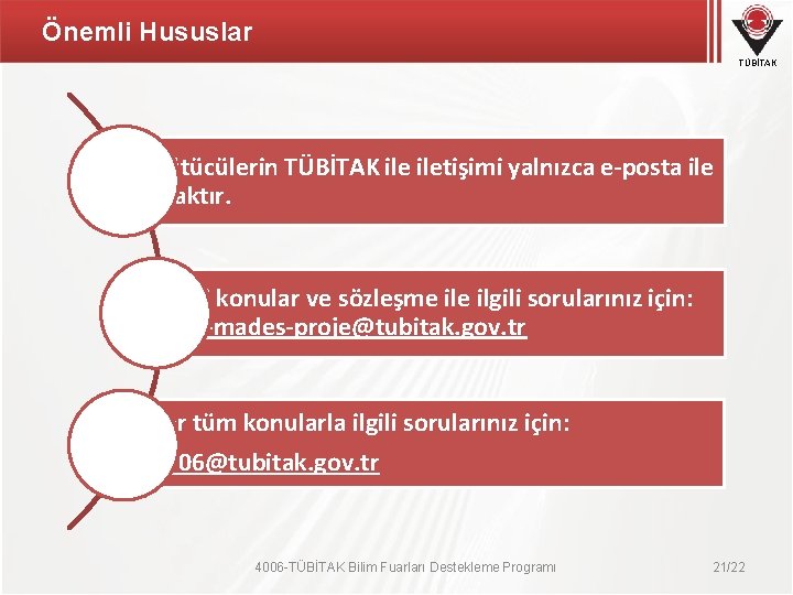 Önemli Hususlar TÜBİTAK Yürütücülerin TÜBİTAK iletişimi yalnızca e-posta ile olacaktır. Mali konular ve sözleşme