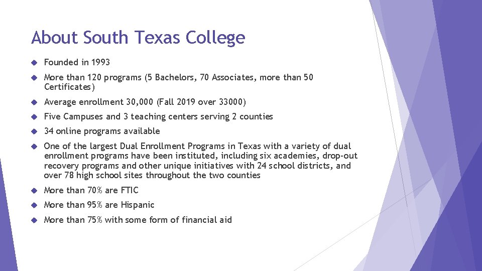 About South Texas College Founded in 1993 More than 120 programs (5 Bachelors, 70