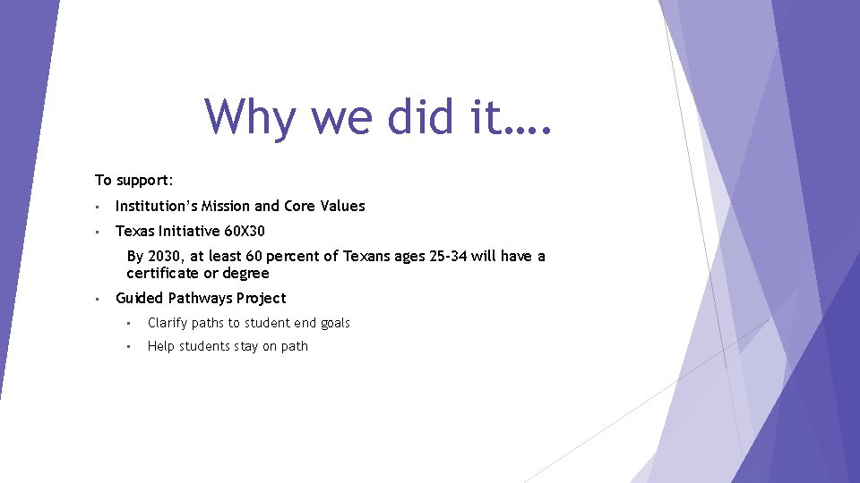 Why we did it…. To support: • Institution’s Mission and Core Values • Texas