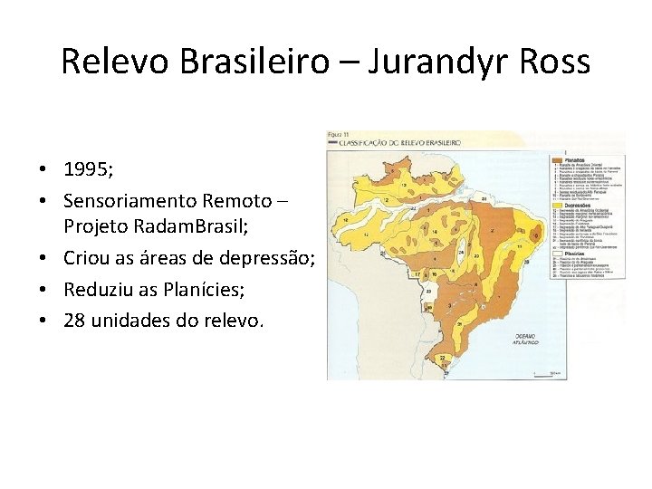 Relevo Brasileiro – Jurandyr Ross • 1995; • Sensoriamento Remoto – Projeto Radam. Brasil;