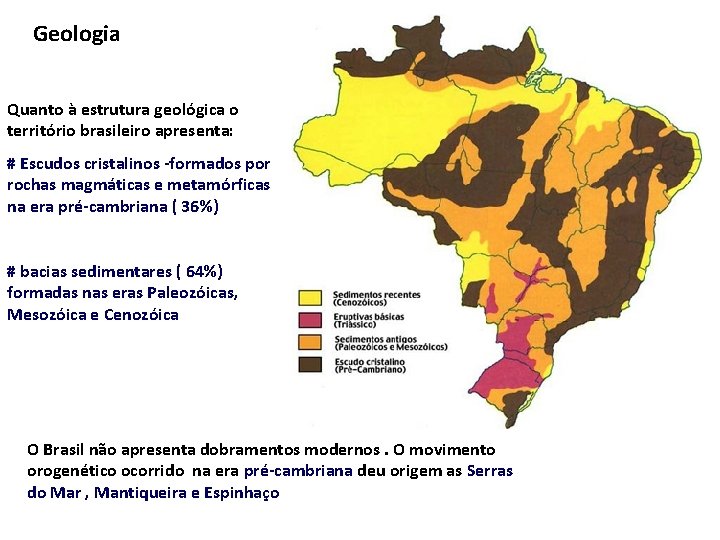 Geologia Quanto à estrutura geológica o território brasileiro apresenta: # Escudos cristalinos -formados por