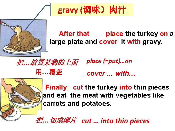 gravy (调味）肉汁 After that, place the turkey on a large plate and cover it