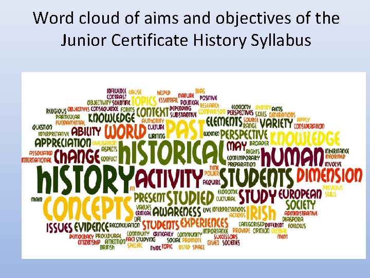 Word cloud of aims and objectives of the Junior Certificate History Syllabus 