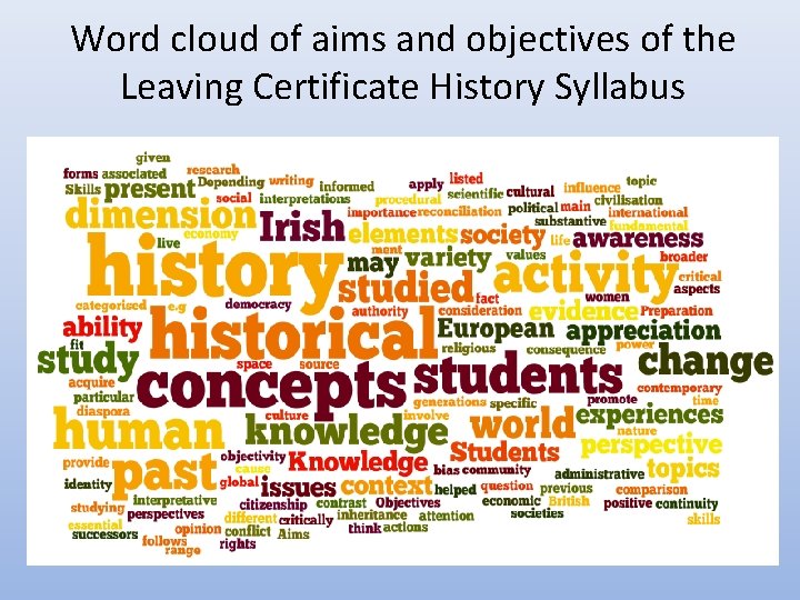 Word cloud of aims and objectives of the Leaving Certificate History Syllabus 