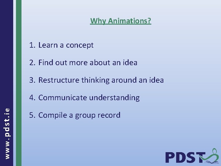 Why Animations? 1. Learn a concept 2. Find out more about an idea 3.