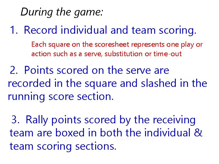 During the game: 1. Record individual and team scoring. Each square on the scoresheet