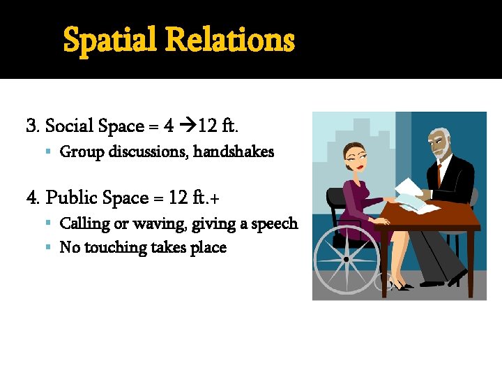 Spatial Relations 3. Social Space = 4 12 ft. Group discussions, handshakes 4. Public