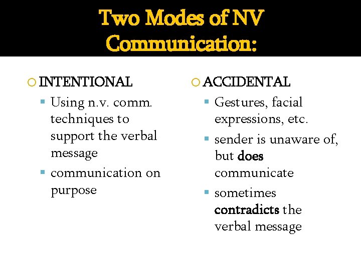 Two Modes of NV Communication: INTENTIONAL Using n. v. comm. techniques to support the