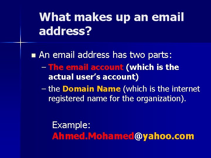 What makes up an email address? n An email address has two parts: –