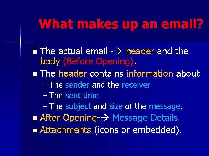 What makes up an email? The actual email - header and the body (Before