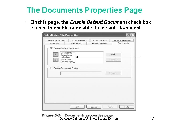 The Documents Properties Page • On this page, the Enable Default Document check box