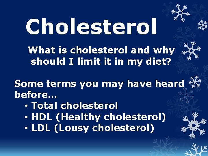Cholesterol What is cholesterol and why should I limit it in my diet? Some