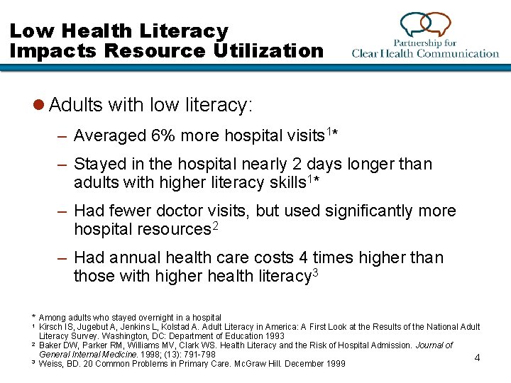 Low Health Literacy Impacts Resource Utilization l Adults with low literacy: – Averaged 6%