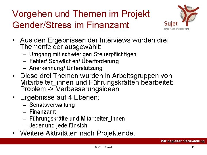 Vorgehen und Themen im Projekt Gender/Stress im Finanzamt • Aus den Ergebnissen der Interviews