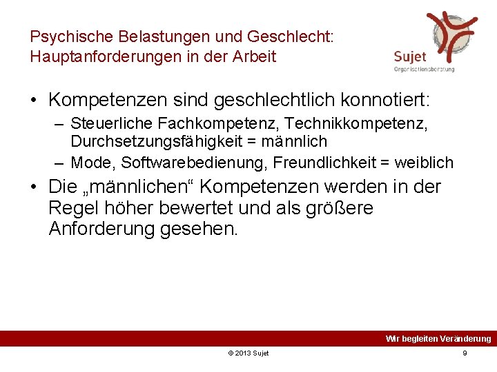 Psychische Belastungen und Geschlecht: Hauptanforderungen in der Arbeit • Kompetenzen sind geschlechtlich konnotiert: –