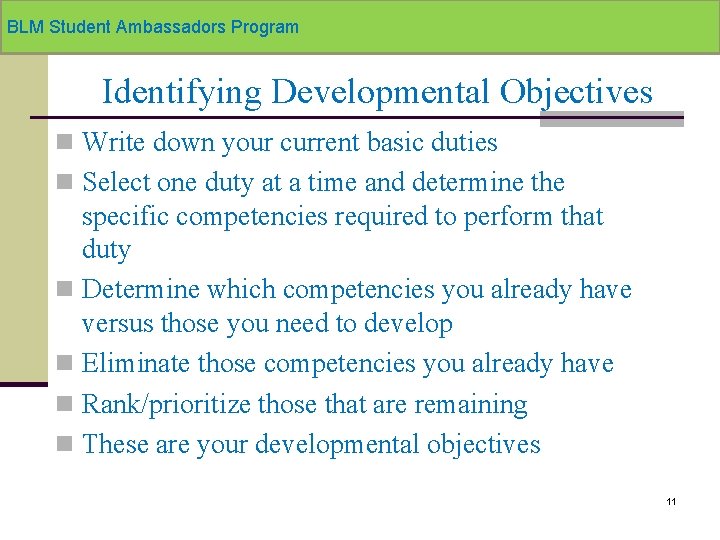 BLM Student Ambassadors Program Identifying Developmental Objectives n Write down your current basic duties