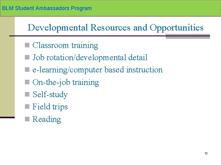 BLM Student Ambassadors Program Developmental Resources and Opportunities n Classroom training n Job rotation/developmental