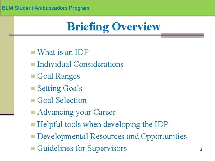 BLM Student Ambassadors Program Briefing Overview What is an IDP n Individual Considerations n