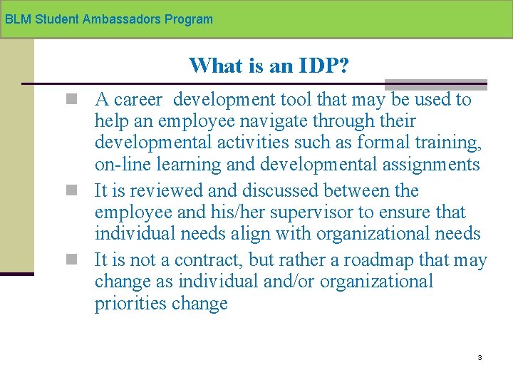 BLM Student Ambassadors Program What is an IDP? n A career development tool that