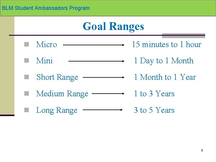 BLM Student Ambassadors Program Goal Ranges n Micro 15 minutes to 1 hour n