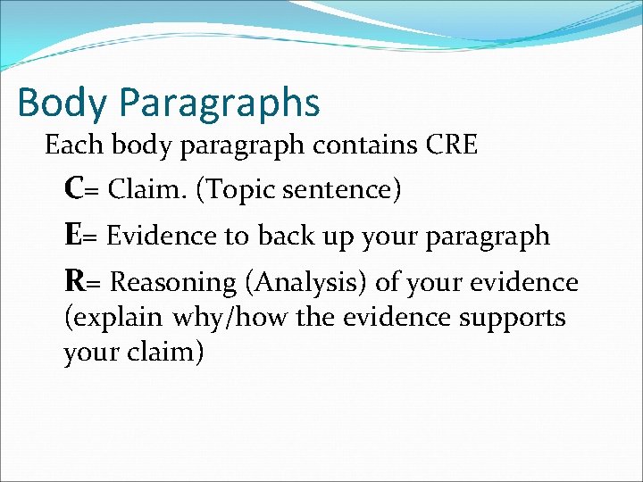 Body Paragraphs Each body paragraph contains CRE C= Claim. (Topic sentence) E= Evidence to