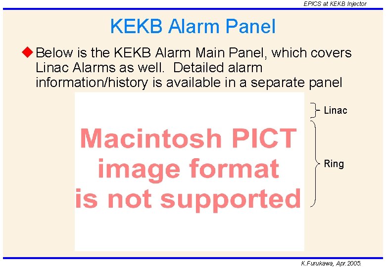 EPICS at KEKB Injector KEKB Alarm Panel u Below is the KEKB Alarm Main