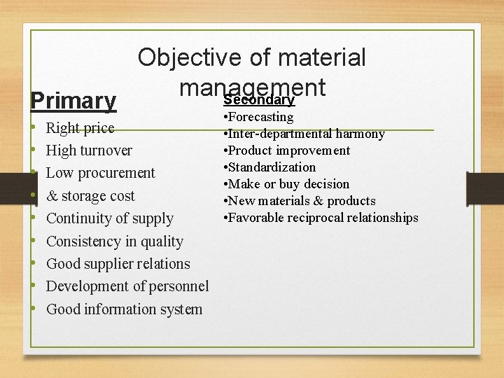 Primary • • • Objective of material management Secondary Right price High turnover Low