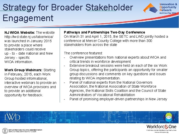 Strategy for Broader Stakeholder Engagement NJ WIOA Website: The website http: //lwd. state. nj.