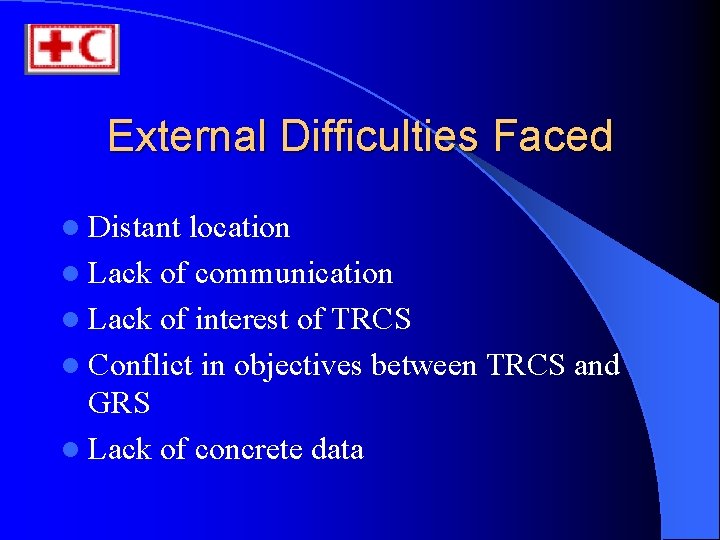 External Difficulties Faced l Distant location l Lack of communication l Lack of interest