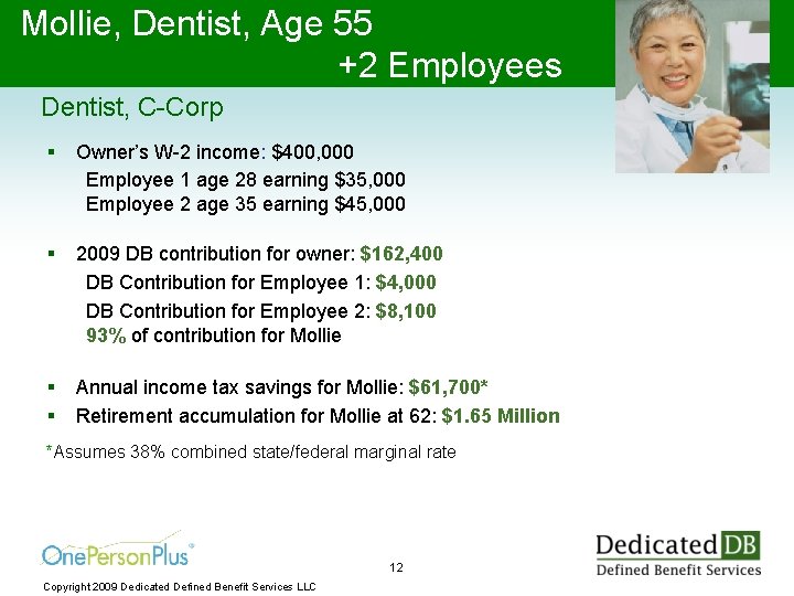 Mollie, Dentist, Age 55 +2 Employees Dentist, C-Corp § Owner’s W-2 income: $400, 000