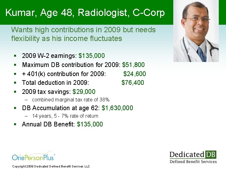 Kumar, Age 48, Radiologist, C-Corp Wants high contributions in 2009 but needs flexibility as