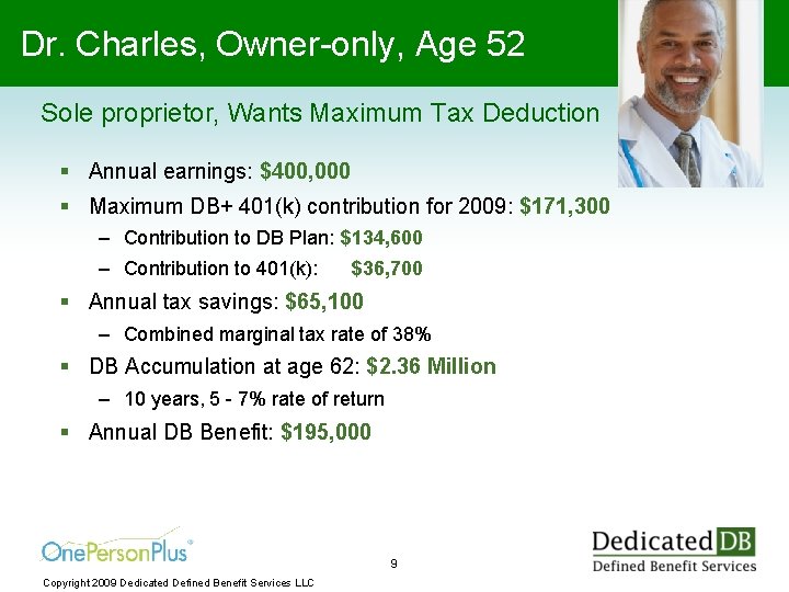 Dr. Charles, Owner-only, Age 52 Sole proprietor, Wants Maximum Tax Deduction § Annual earnings: