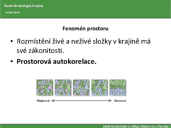 Úvod do ekologie krajiny Jakub Horák Fenomén prostoru • Rozmístění živé a neživé složky