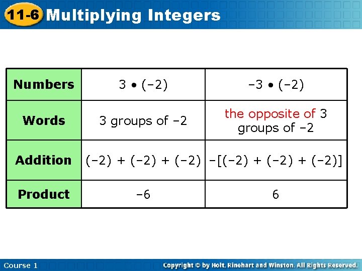 11 -6 Multiplying Integers Numbers Words Addition Product Course 1 3 • (– 2)