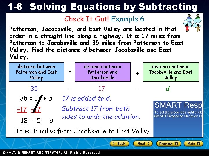 1 -8 Solving Equations by Subtracting Check It Out! Example 6 Patterson, Jacobsville, and