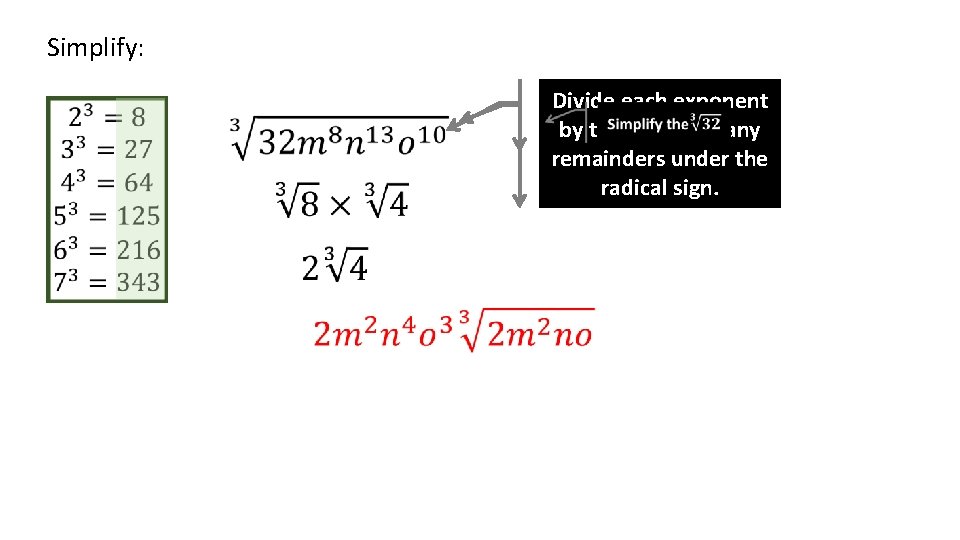 Simplify: Divide each exponent by three leaving any remainders under the radical sign. 