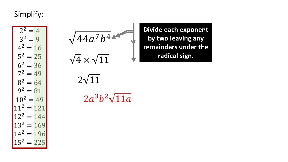 Simplify: Divide each exponent by two leaving any remainders under the radical sign. 