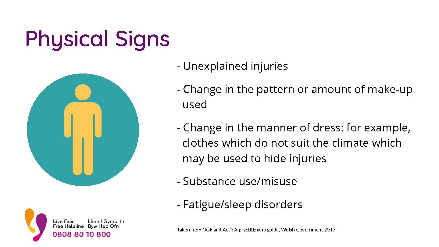 Physical Signs - Unexplained injuries - Change in the pattern or amount of make-up
