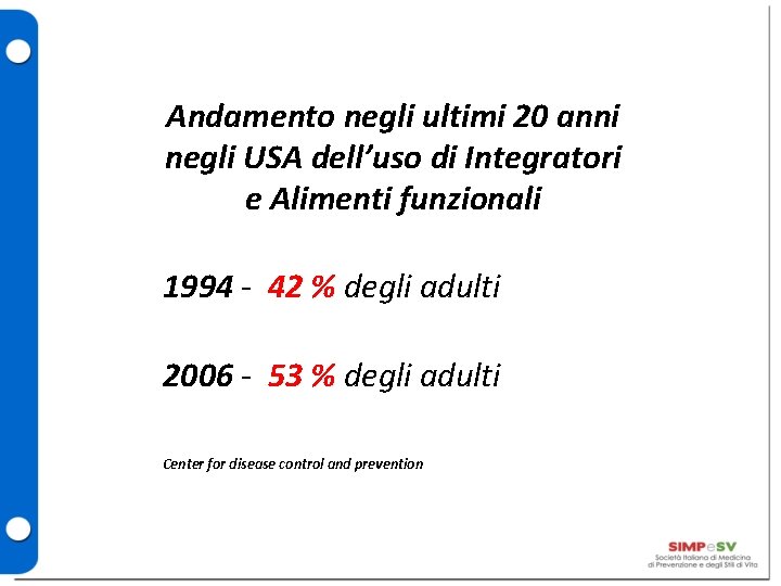 Andamento negli ultimi 20 anni negli USA dell’uso di Integratori e Alimenti funzionali 1994