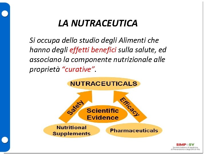 LA NUTRACEUTICA Si occupa dello studio degli Alimenti che hanno degli effetti benefici sulla