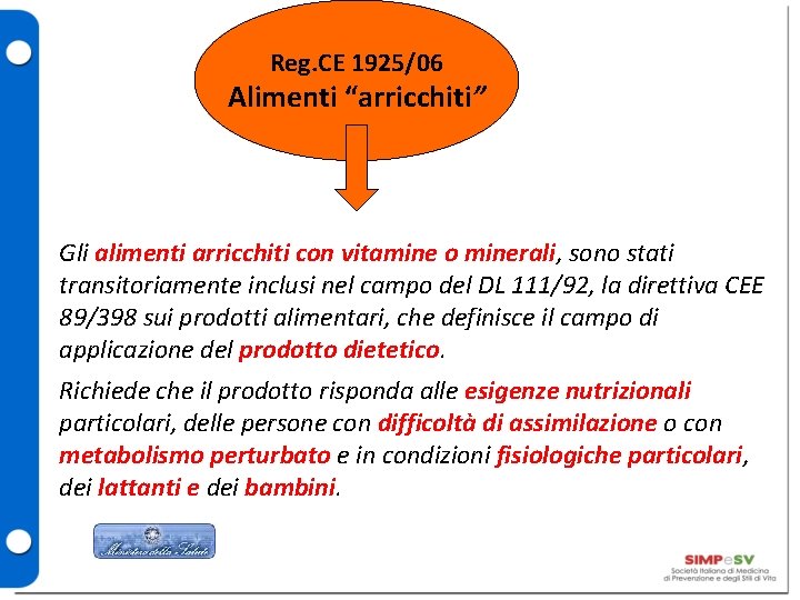 Reg. CE 1925/06 Alimenti “arricchiti” Gli alimenti arricchiti con vitamine o minerali, sono stati