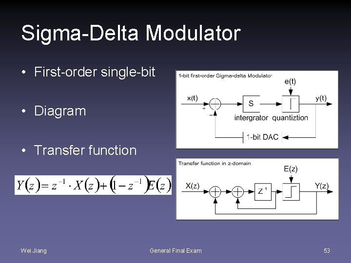 Sigma-Delta Modulator • First-order single-bit • Diagram • Transfer function Wei Jiang General Final