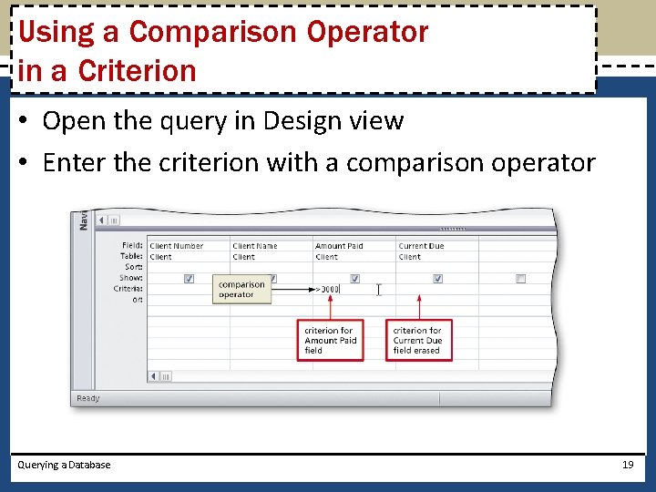 Using a Comparison Operator in a Criterion • Open the query in Design view