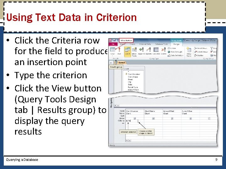 Using Text Data in Criterion • Click the Criteria row for the field to