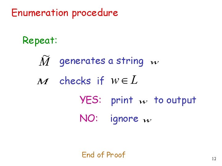 Enumeration procedure Repeat: generates a string checks if YES: print NO: to output ignore