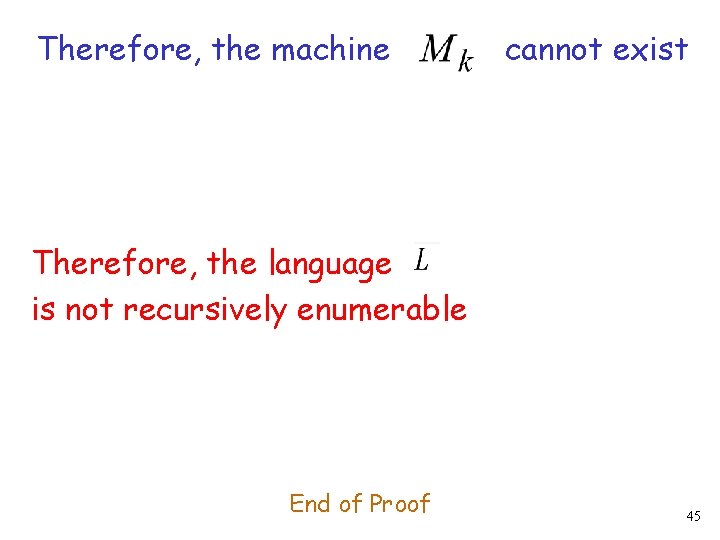 Therefore, the machine cannot exist Therefore, the language is not recursively enumerable End of