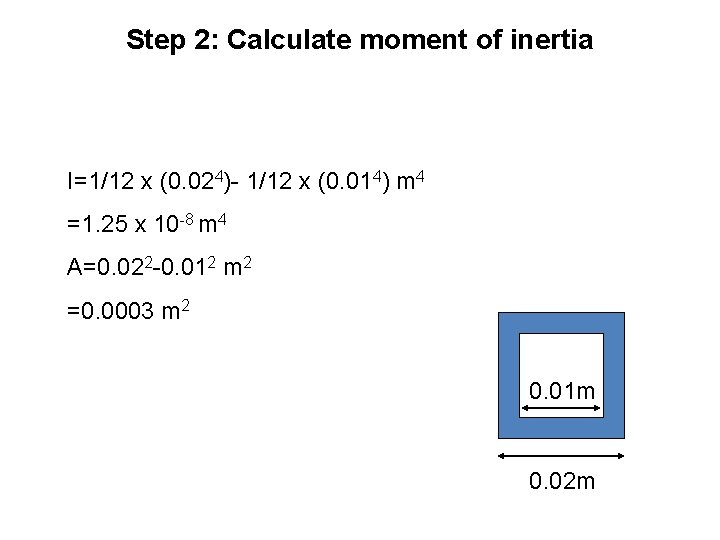 Step 2: Calculate moment of inertia I=1/12 x (0. 024)- 1/12 x (0. 014)
