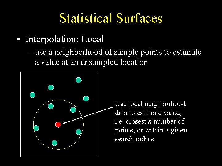 Statistical Surfaces • Interpolation: Local – use a neighborhood of sample points to estimate